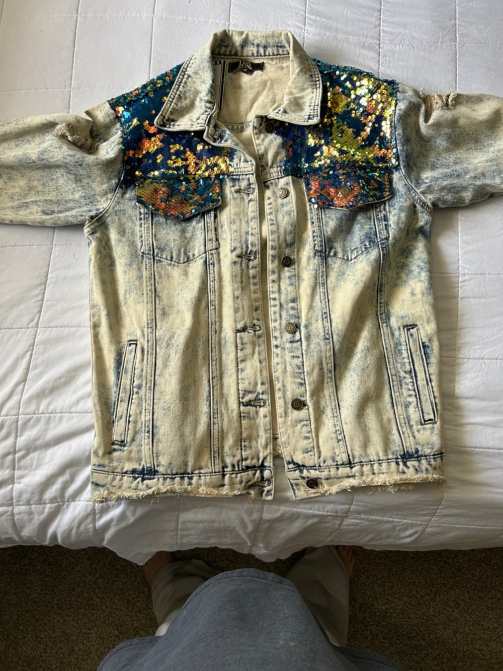 L&B Acid-Wash Denim Jacket with Blue and Gold Sequin Shoulders